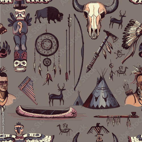 Seamless Pattern American Tribal Native Symbols