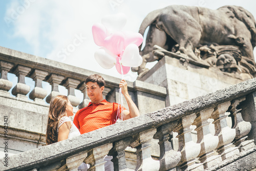 love and romance, couple on honeymoon near Eiffel Tower in Paris, heart for Valentines day