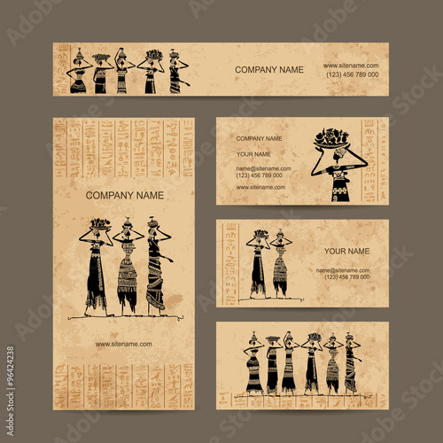 Sketch of egypt women with jugs. Business cards design