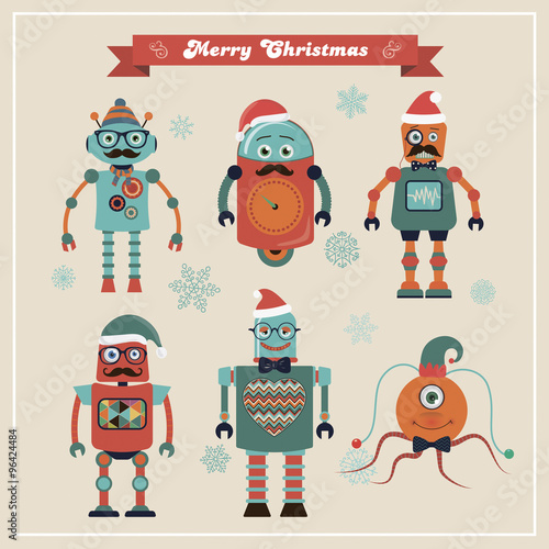 Set of Cute Retro Vintage Hipster Christmas Robots.