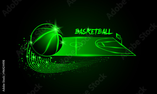Basketball ball and basketball court in horizontal perspective.