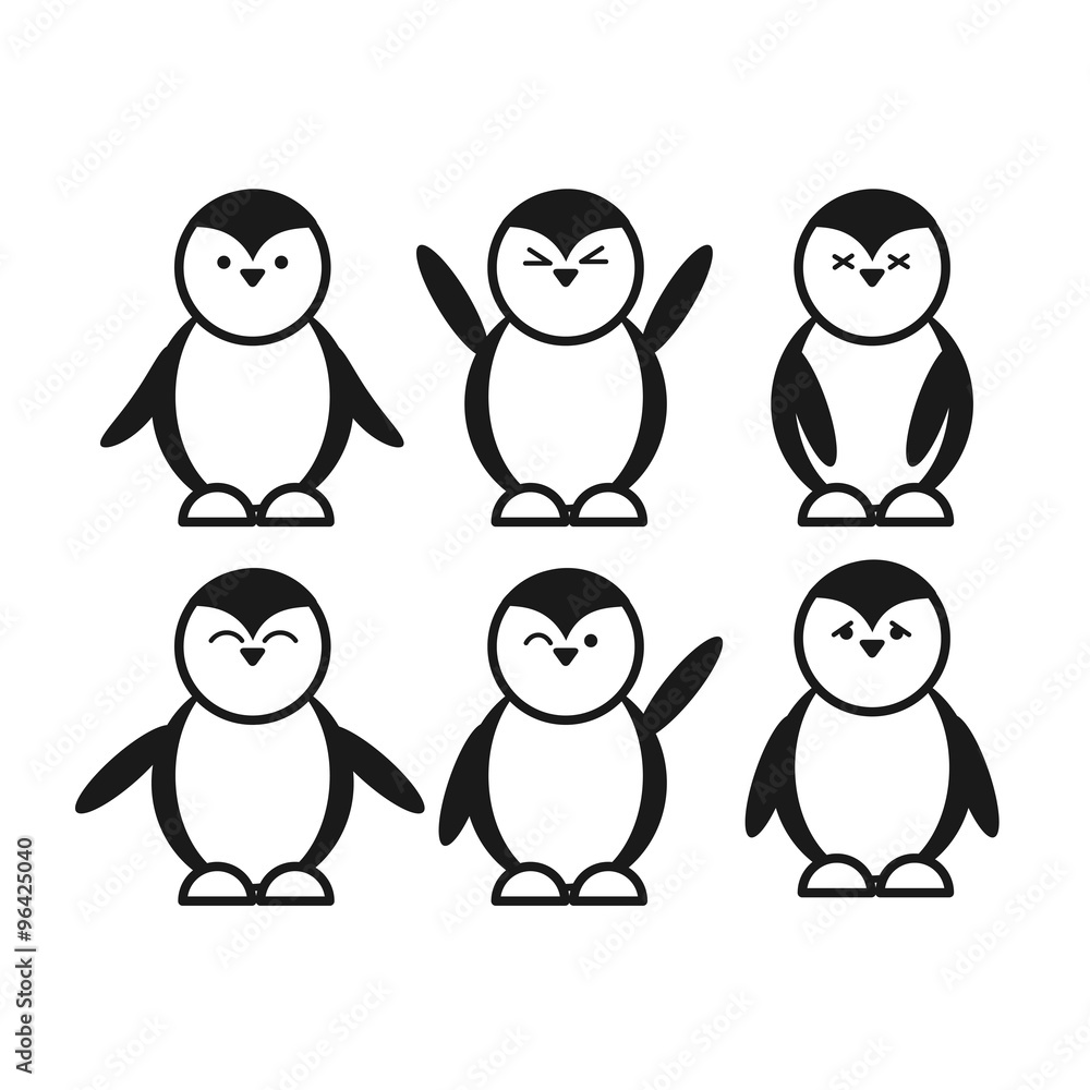 Naklejka premium black cute funny penguin set flat icon