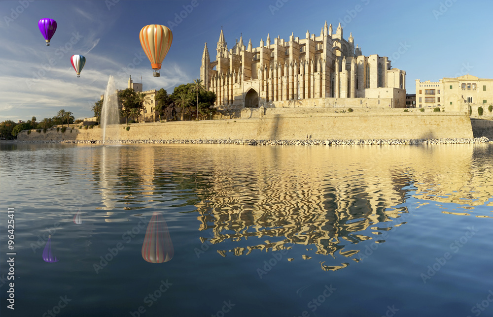 Majorca cathedral and hot air balloon - obrazy, fototapety, plakaty 
