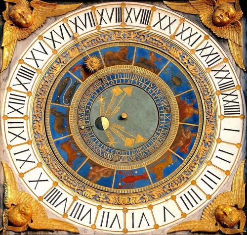 Renaissance Astronomical clock in Brescia, Italy (1540-50). Displays hours, moon phases and the zodiac.