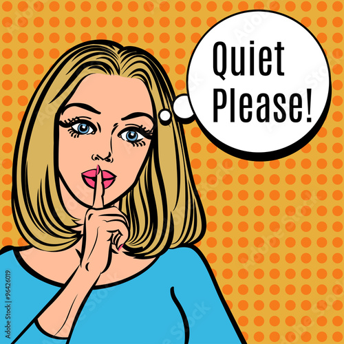 Girl says Quiet Please! Vector retro woman with silence sign
