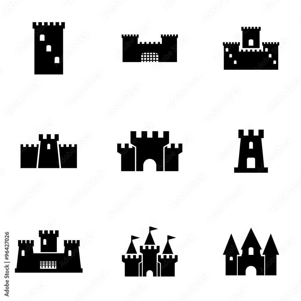 Vector black castle icon set. Castle Icon Object, Castle Icon Picture, Castle Icon Image - stock vector