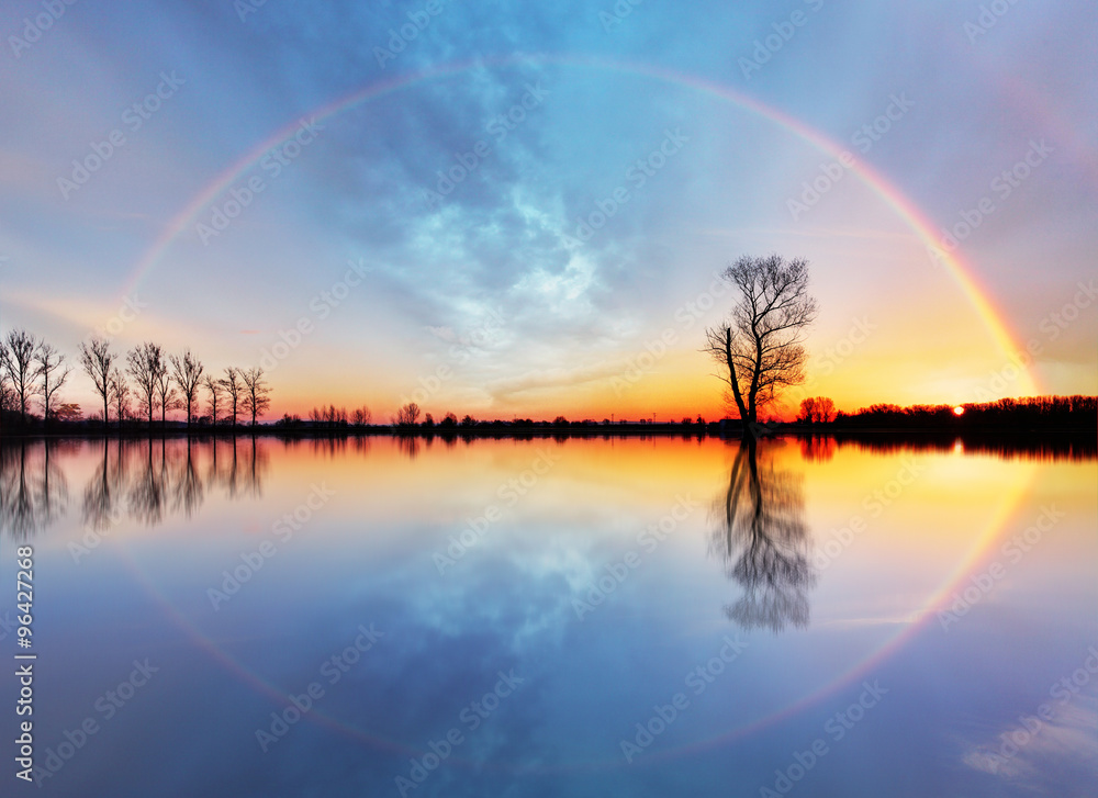 Naklejka premium Tree and sun on lake sunrise