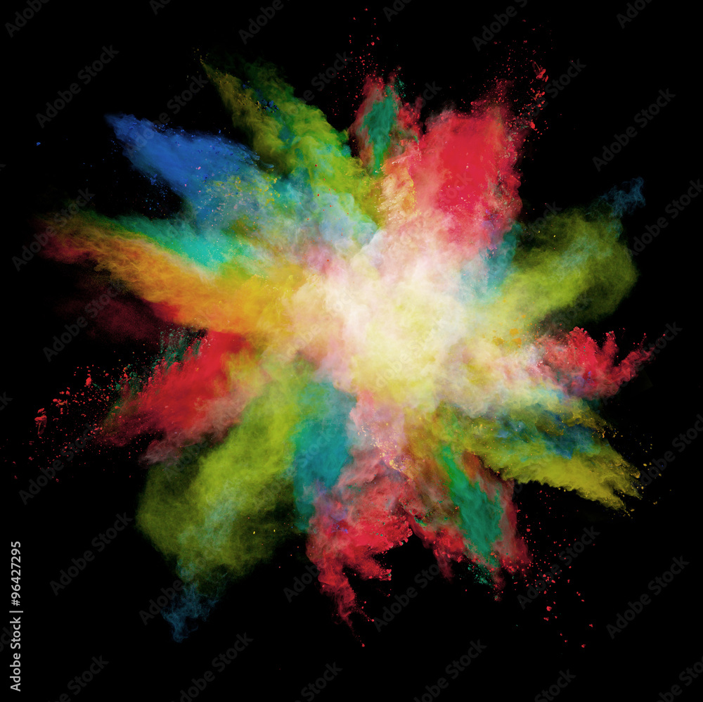 Freeze motion of colored dust explosions on black background
