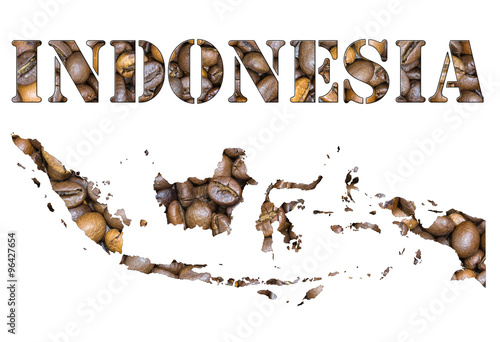 Indonesia word and country map shaped with coffee beans background