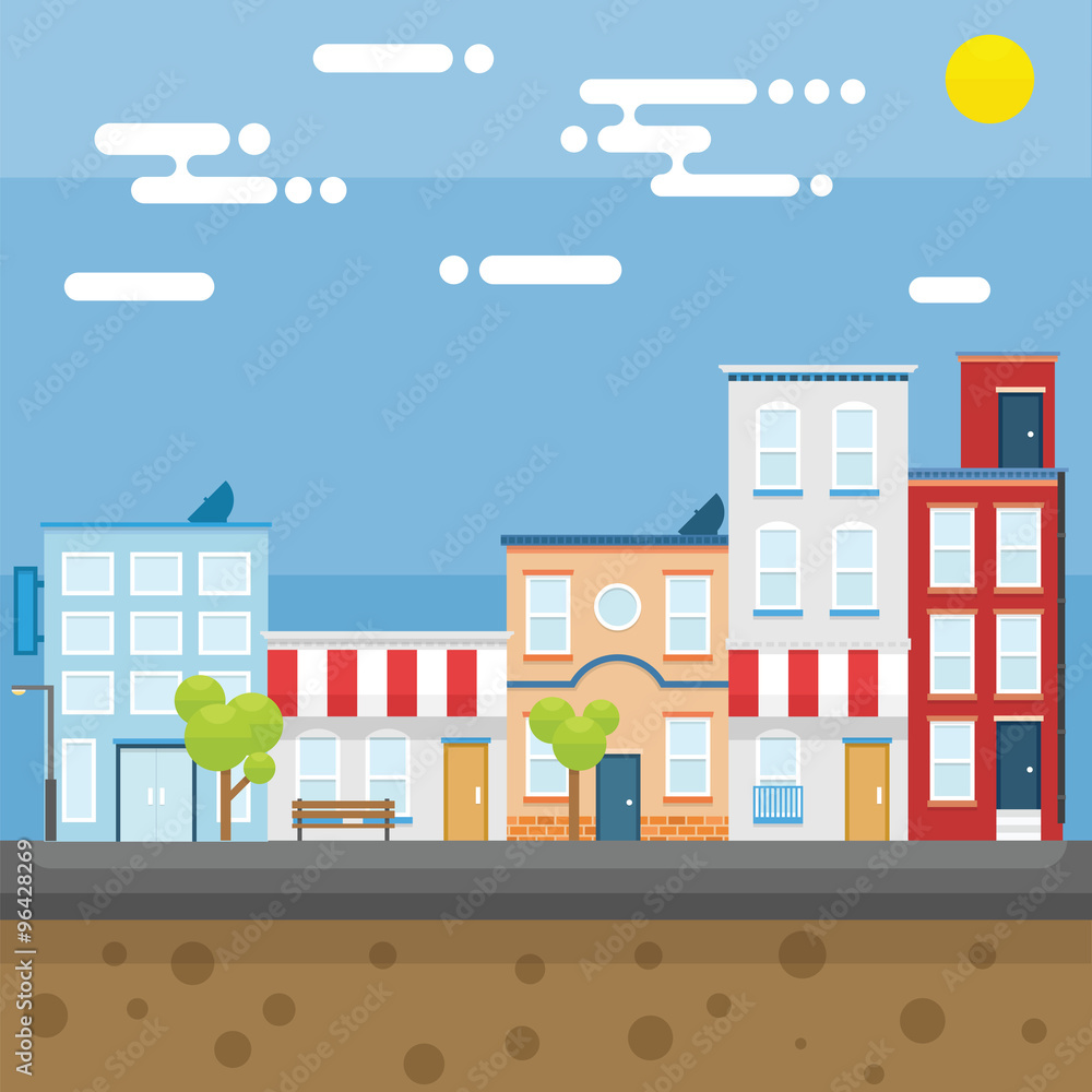 City in the morning with bright and flat design concept