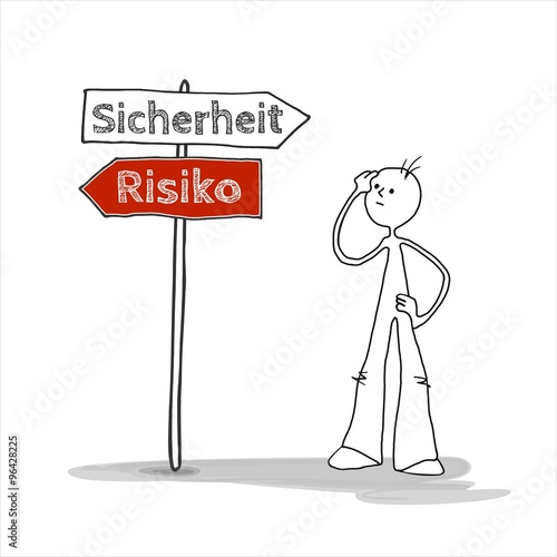 Strichmännchen Zeichnung Illustration Sicherheit – Risiko Weg Schild Pfeil Richtung Comic, Skizze, Unternehme, Chance, Pech, entscheiden, Verantwortung, schwierig