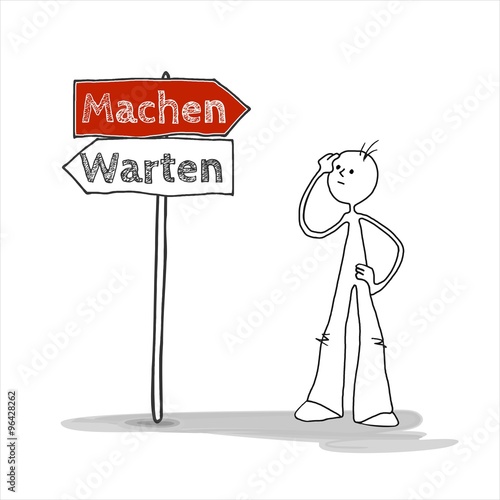 Strichmännchen Comic Zeichnung Illustration überlegt Warten kontra, versus, oder Machen