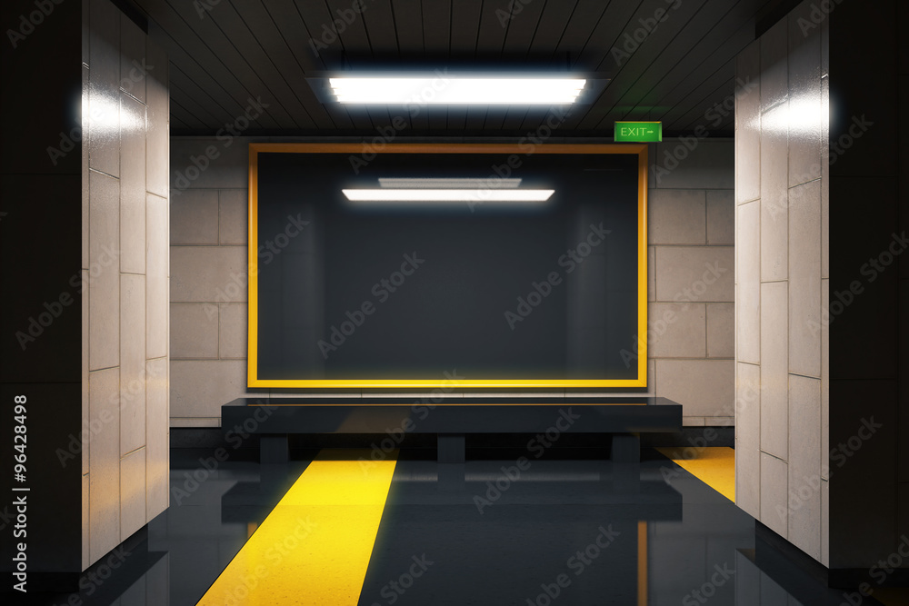 Blank black banner on the wall in empty subway hall, mock up Blank black banner on the wall in empty subway hall, mock up