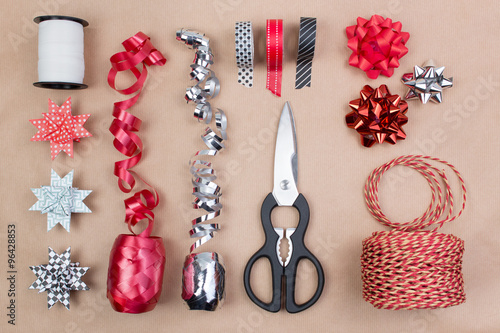 Gift wrapping utensils on brown paper