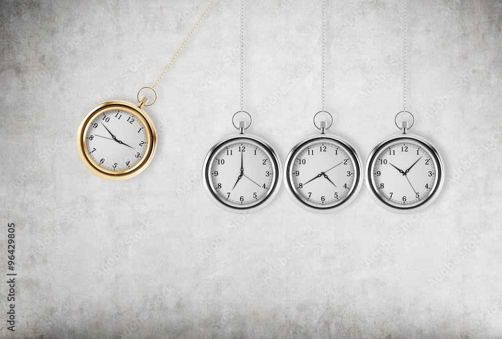 A pocket watch as a swing of the pendulum. Concrete background. 3D rendering. Time is money concept. A pocket watch as a swing of the pendulum. Concrete background. 3D rendering. Time is money concept.