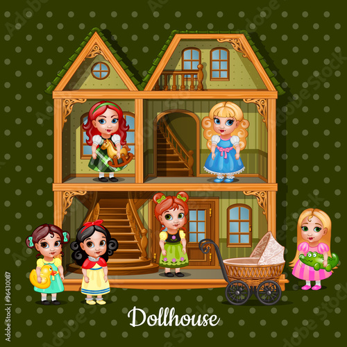 Modern three-storey dolls house with six dolls