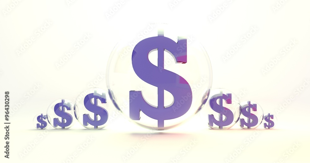 It is shown on a white background lot of dollar signs placed in the glass balls that symbolizes protection funds. It is shown on a white background lot of dollar signs placed in the glass balls that symbolizes protection funds.