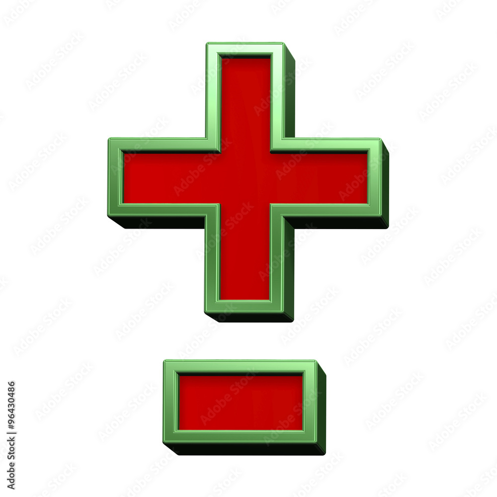 Hyphen, minus, plus marks from red glass with green frame alphabet set, isolated on white. Computer generated 3D photo rendering.