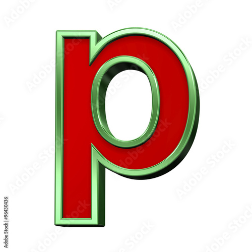 One lower case letter from red glass with green frame alphabet set, isolated on white. Computer generated 3D photo rendering.