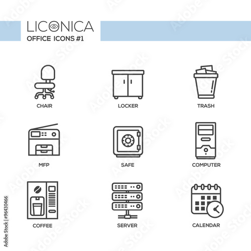 Set of modern office thin line flat design icons and pictograms. Business infographics objects, web elements
