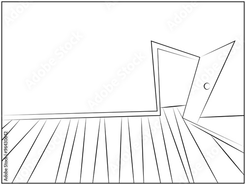 Mystery Room silhouette cartoon vector Illustration of home or office corridor and open door.