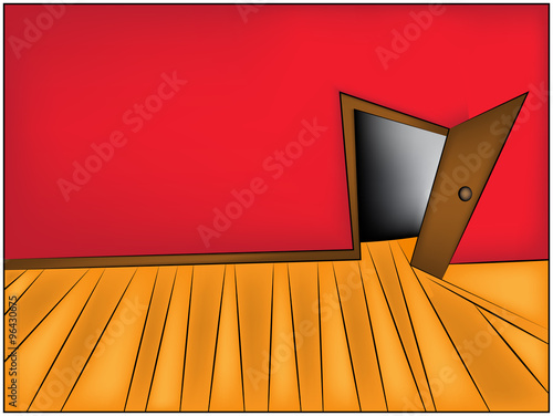 Mystery Room cartoon vector Illustration of home or office corridor and open door.