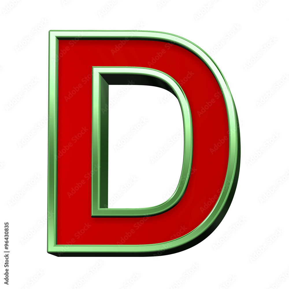 One letter from red glass with green frame alphabet set, isolated on white. Computer generated 3D photo rendering. One letter from red glass with green frame alphabet set, isolated on white. Computer generated 3D photo rendering.