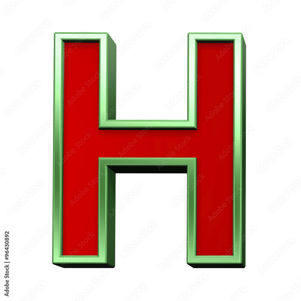 One letter from red glass with green frame alphabet set, isolated on white. Computer generated 3D photo rendering. One letter from red glass with green frame alphabet set, isolated on white. Computer generated 3D photo rendering.