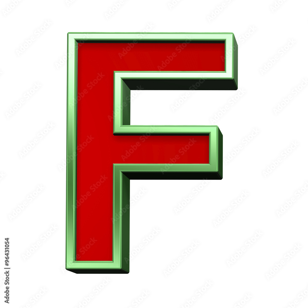 One letter from red glass with green frame alphabet set, isolated on white. Computer generated 3D photo rendering. One letter from red glass with green frame alphabet set, isolated on white. Computer generated 3D photo rendering.