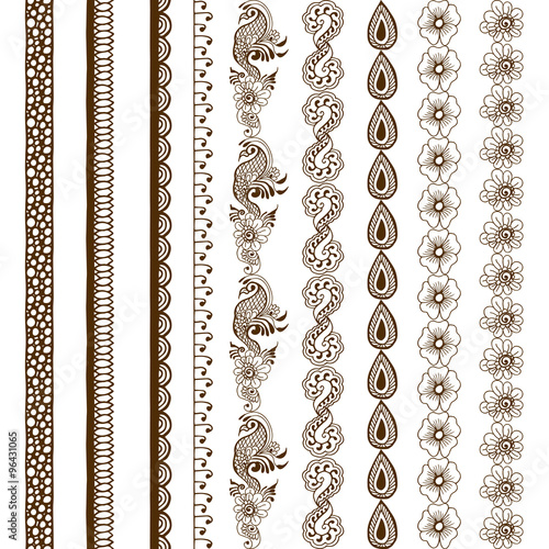 Henna tattoo seamless borders. Vector set with abstract floral elements in indian style photo