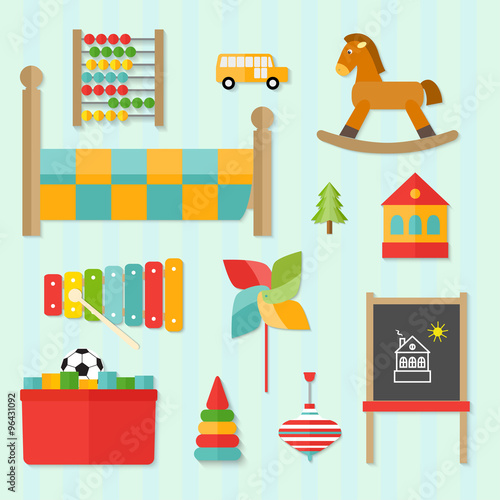 flat set of children toys and furniture. vector illustration