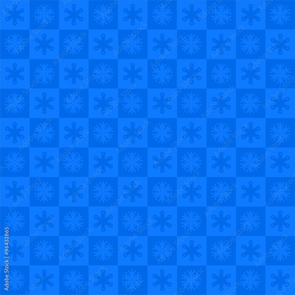 Blue Christmas background of dark and light blue squares with light and dark snowflakes alternately in a row and below each other