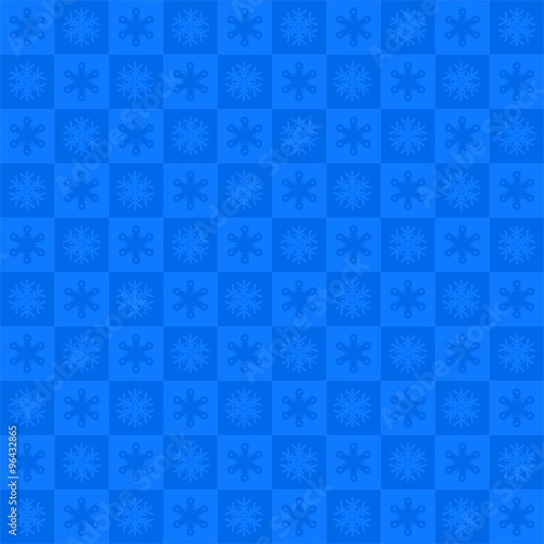 Blue Christmas background of dark and light blue squares with light and dark snowflakes alternately in a row and below each other