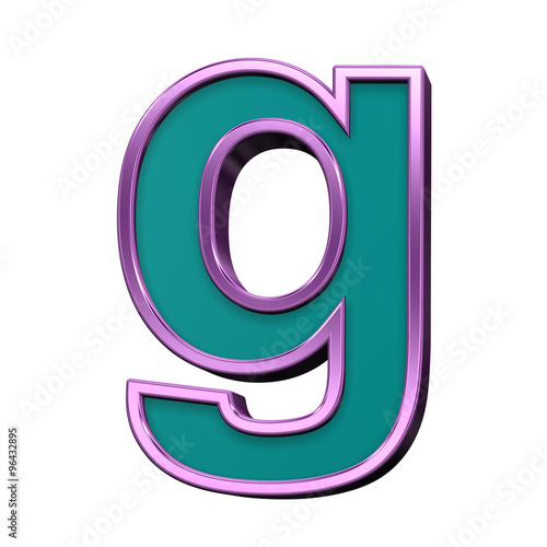 One lower case letter from blue glass with purple frame alphabet set, isolated on white. Computer generated 3D photo rendering.