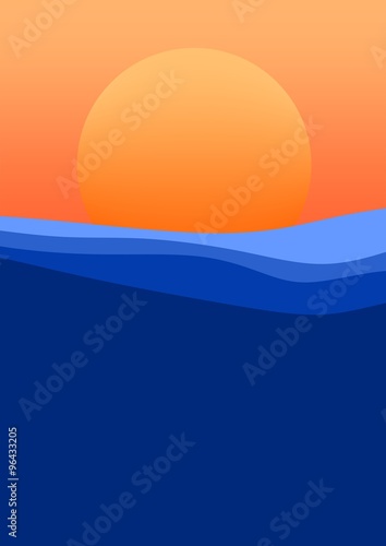Beautiful sunset above the sea surface with waves of orange sky and orange sun on the horizon