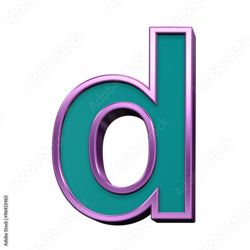 One lower case letter from blue glass with purple frame alphabet set, isolated on white. Computer generated 3D photo rendering.