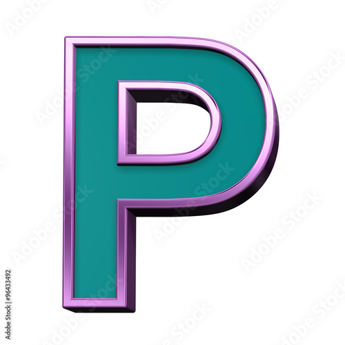 One letter from blue glass with purple frame alphabet set, isolated on white. Computer generated 3D photo rendering.
