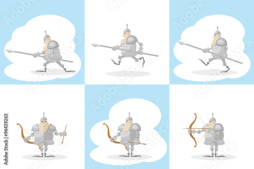A set of vector shapes funny medieval knight with a spear in the hands and archer with arrow  isolated on white background