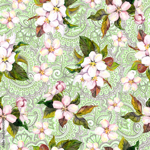 Spring green floral repeating pattern. Blossom flowers on eastern decorative background. Watercolor
