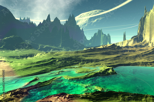 Fantasy alien planet. Rocks and lake