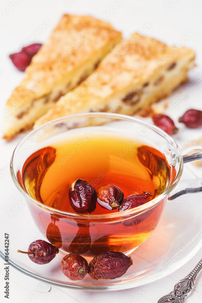 Tea from a dogrose with piece of cake Tea from a dogrose with piece of cake