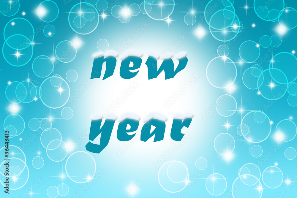 Blue bubbles and lens flares with Happy New Year greetings Blue bubbles and lens flares with Happy New Year greetings