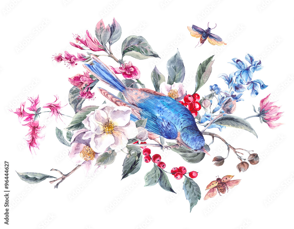 Vintage Greeting Card with Pink Flowers, Beetles and Birds