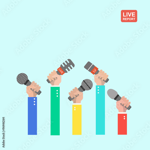 vector live report concept, live news, hands of journalists with microphones