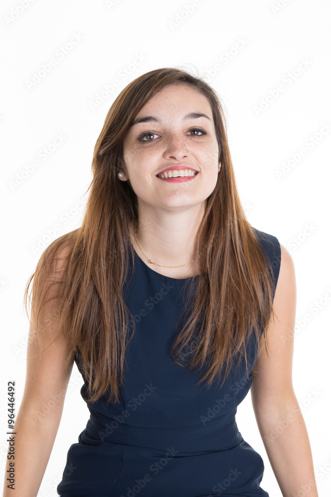 Happy smiling young casual woman long hair isolated on white background Happy smiling young casual woman long hair isolated on white background