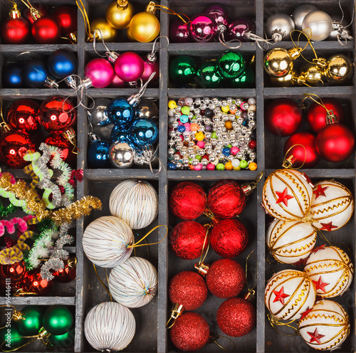 Beautiful Christmas decorations in a wooden box