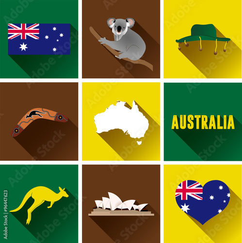 Australia Flat Icon Set. 
Set of vector graphic flat icons representing landmarks and symbols of Australia.