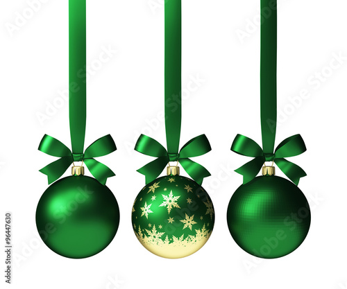 green christmas balls hanging on ribbon with bows, isolated on white