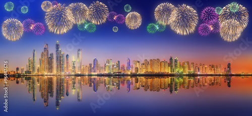 Photography Beautiful fireworks in Dubai marina. UAE