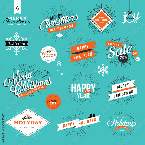 Set of vintage Christmas and New Year's stickers and elements for greeting cards, gift tags, Christmas sale, web design, product promotion, e-commerce and marketing material.